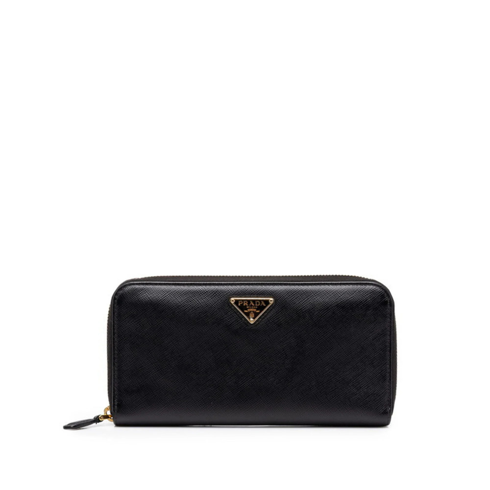 Prada Triangle Logo Plate Saffiano Round Zip Long Wallet 1ML506 Black Leather...
